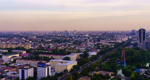 High angle view of townscape against sky during sunset