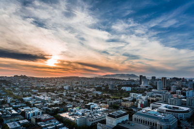 High angle view of townscape against sky during sunset