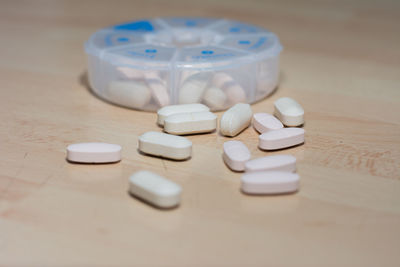 Close-up of pill box on table