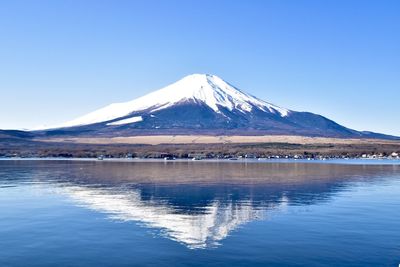 Mt fuji.scenic view of snowcapped mountains against clear blue sky