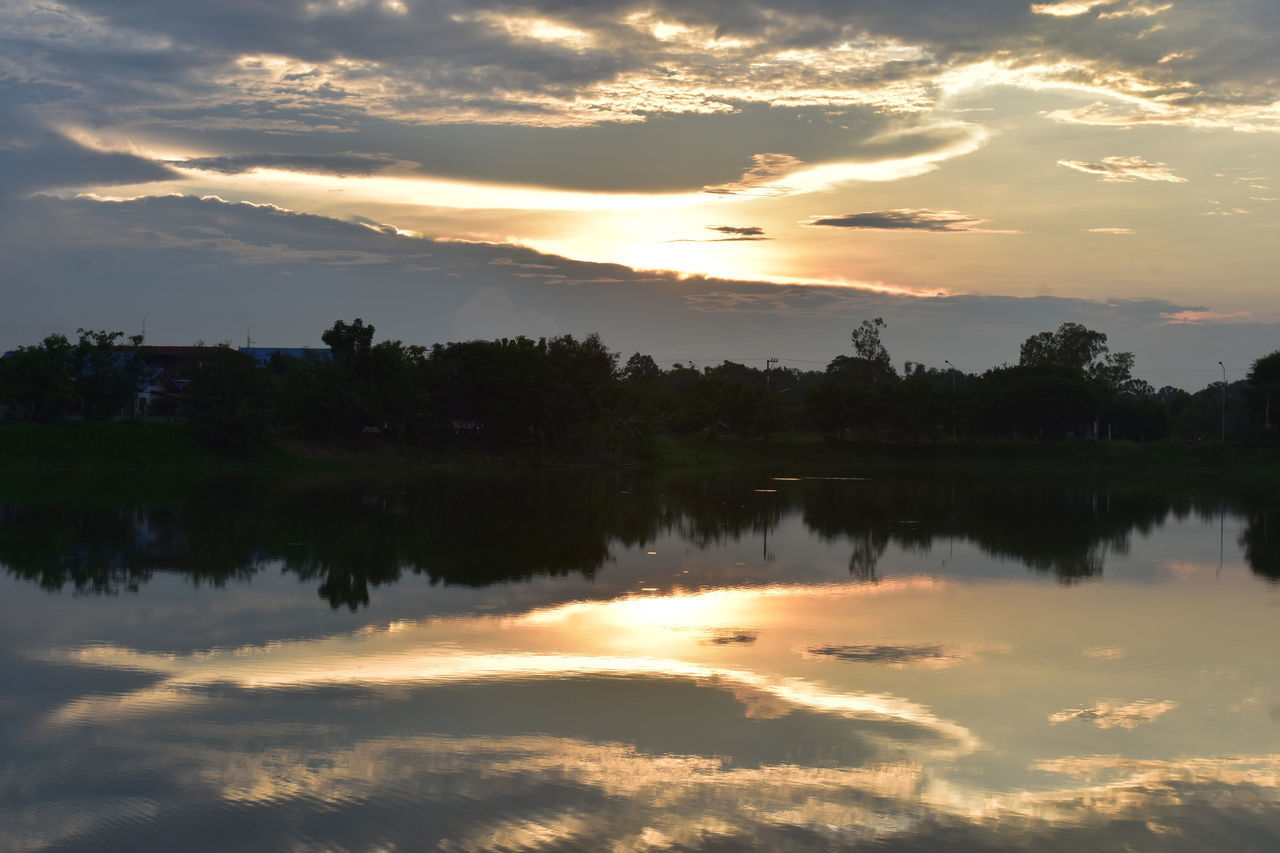 SCENIC VIEW OF LAKE BY SILHOUETTE TREES AGAINST SKY DURING SUNSET