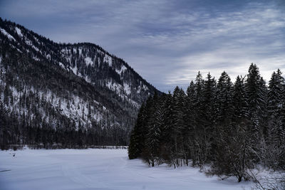 Panoramic view of snow covered mountains against sky during winter