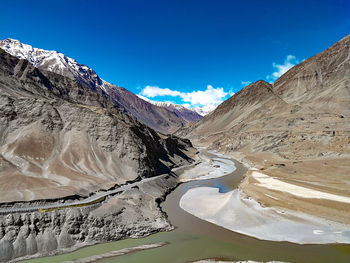 Scenic view of snowcapped mountains against blue sky