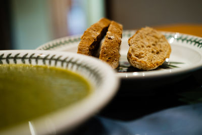 Close-up of breakfast served on table