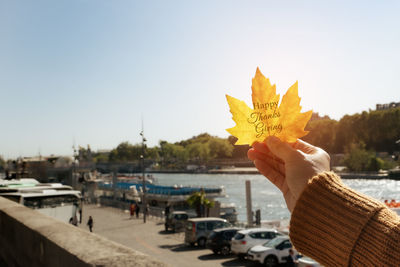 Close-up of hand holding yellow leaf against sky