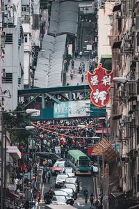 High angle view of people on city street