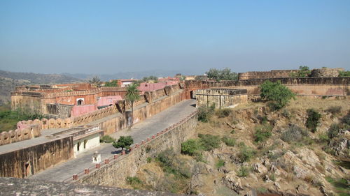 Panoramic shot of buildings against clear sky