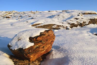 Scenic view of snow covered landscape against clear sky