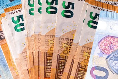 Money background from 50 and 20 euro banknotes. euro banknote close-up