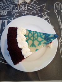 High angle view of cake in plate on table