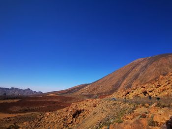 Scenic view of arid landscape against clear blue sky