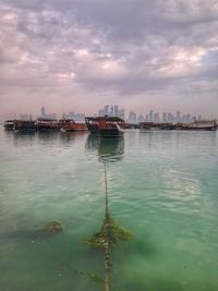 Boats moored at harbor against sky in city