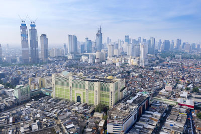 High angle view of buildings in city