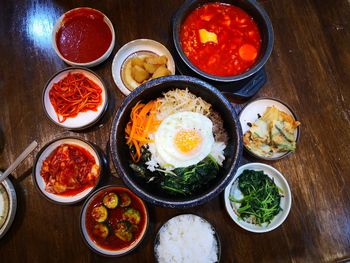 High angle view of breakfast on table