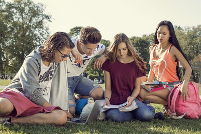Group of friends studying on high school schoolyard