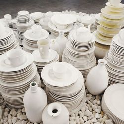 High angle view of crockery for sale at market stall