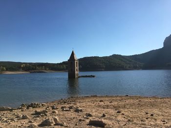 Sunken church in a lake in spain 