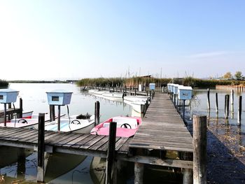 Pier over lake against clear sky