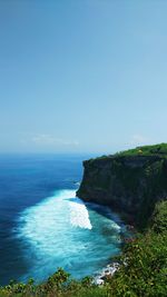 Scenic view of sea against clear blue sky