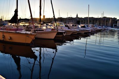 Sailboats moored in harbor at sunset