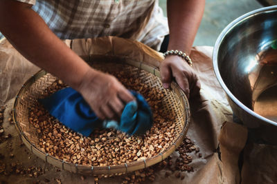 High angle view of man preparing food