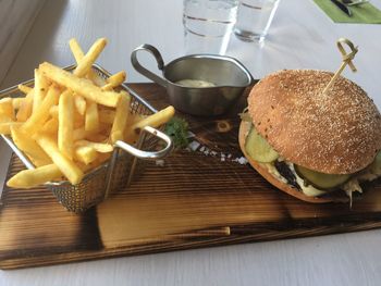 High angle view of burger on table
