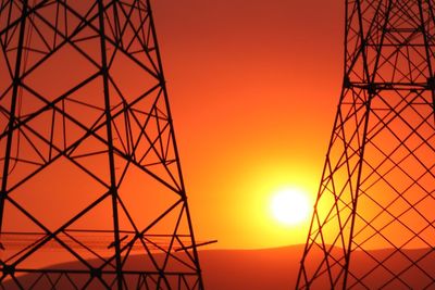 Low angle view of silhouette electricity pylon against sky during sunset