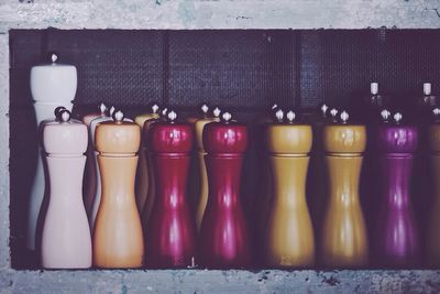 Close-up of bottles on shelf