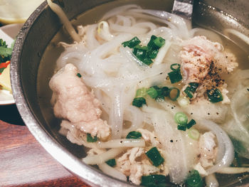 Close-up of noodle soup in bowl on table