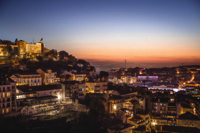 High angle view of illuminated cityscape of lisbon, against clear sky at sunset. 