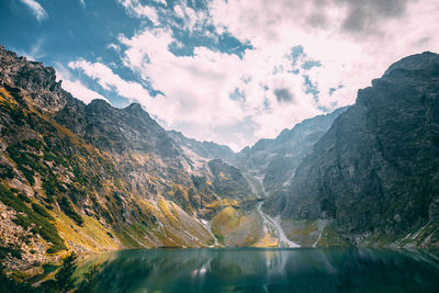 Scenic view of lake and mountains against sky