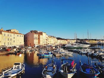 Boats moored at harbor against clear blue sky