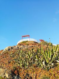 Low angle view of old building against clear blue sky