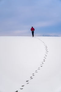 Rear view of woman walking on snow