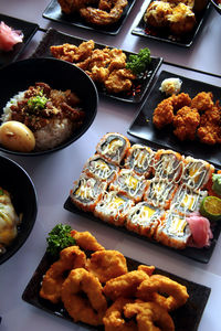 High angle view of food served on table