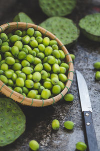 High angle view of vegetables in basket on table