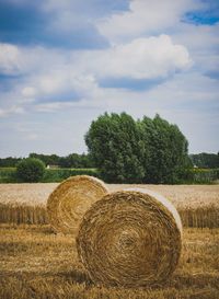 Hay bales on field against sky