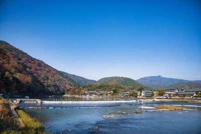 Scenic view of river and mountains against clear blue sky