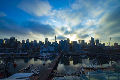 Buildings in city against sky during sunset