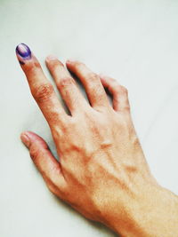 Close-up of human hand against white background