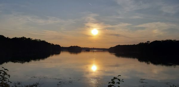 Scenic view of lake against sky during sunset