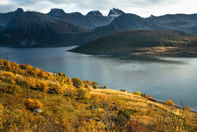 Scenic view of lake and mountains against sky