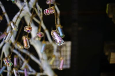 Close-up of bottles decoration hanging in darkroom