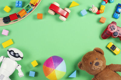 High angle view of toys on table