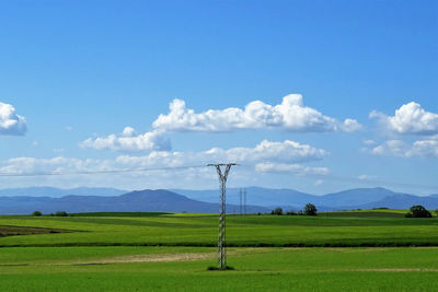 Electricity pylon on grassy field against blue sky