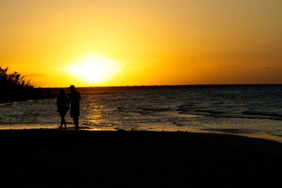 Silhouette people on beach against sky during sunset