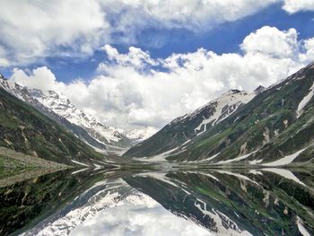 Scenic view of mountains reflecting on calm lake during winter