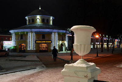 Rear view of illuminated building against sky at night