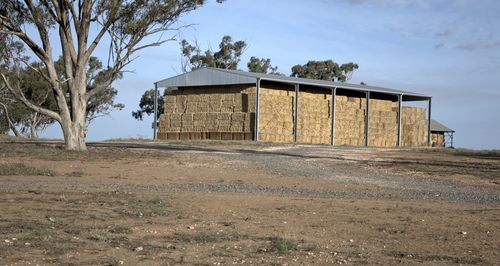 Barn on field by building against sky