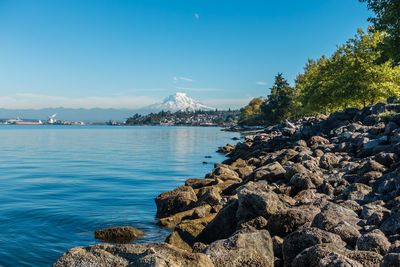 Scenic view of sea against clear blue sky